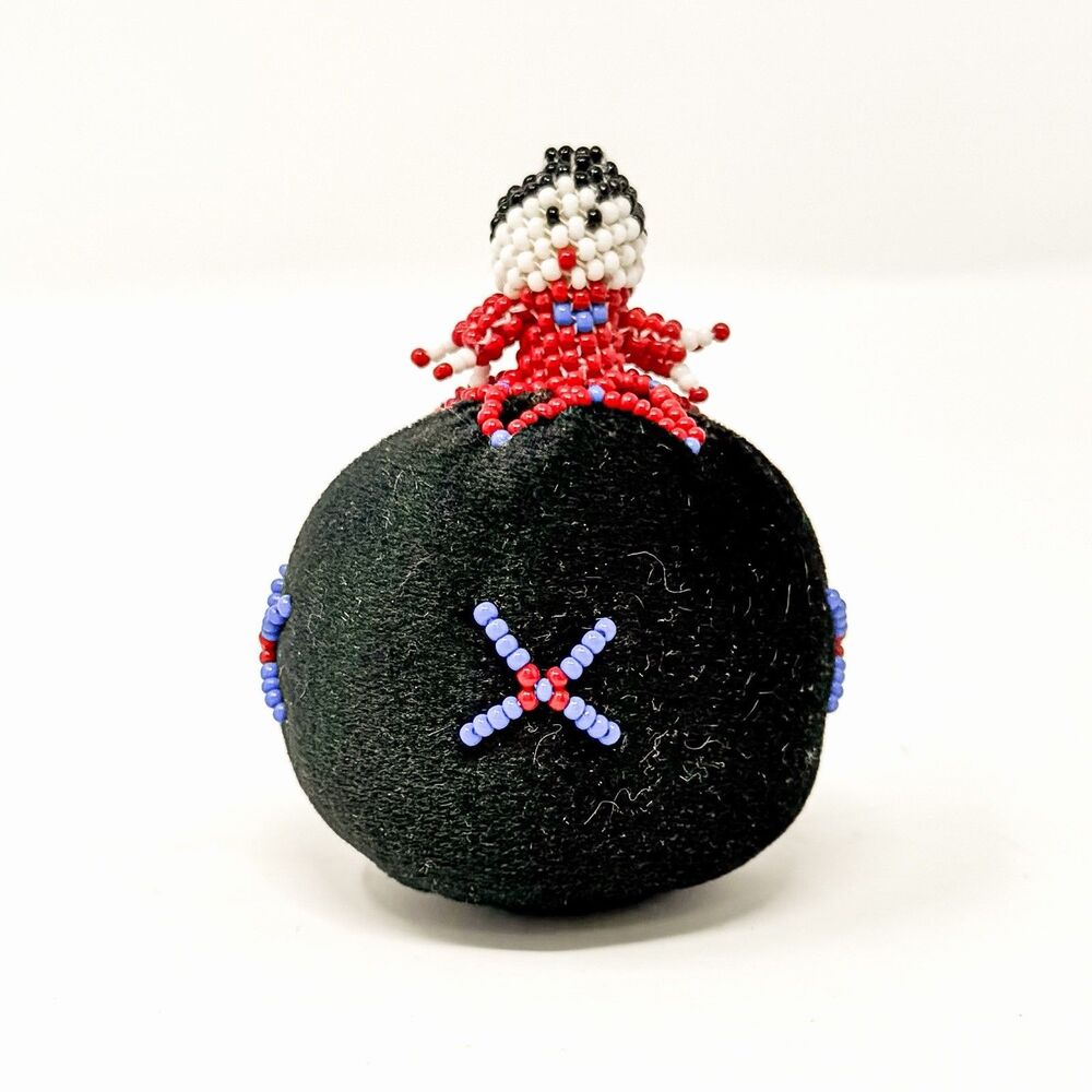 Vintage Native American Beaded Doll Pin Cushion Black Velvet Sewing Collectible